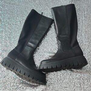 JSlides Leather Black Chunky Platform Knee-High Boots Size 8 M
